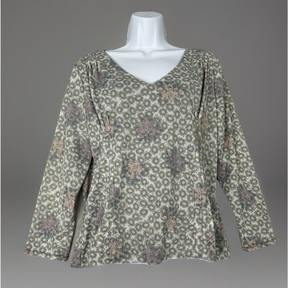 Vintage Anne Klein Womens Top‎ Large Gray Pleat Pastel Floral Dainty Fairy Y2K